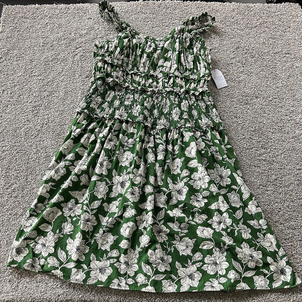 Time And Tru Dress Womens 2XL Green Floral Sleeveless Smocked Ruffle Sundress